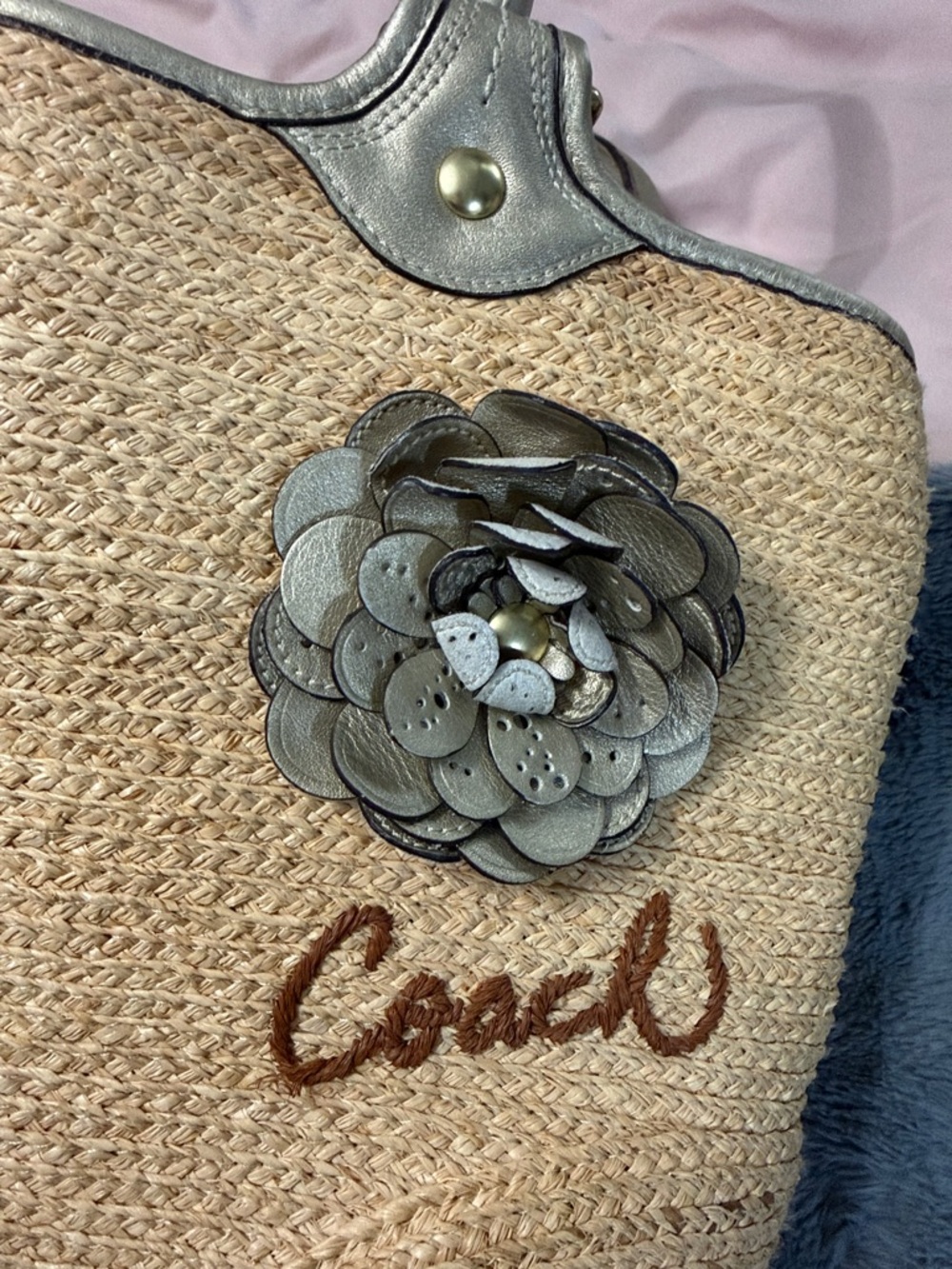 Coach Straw Tote with Metallic Silver Trim and Matching Wallet - Picture 5 of 7